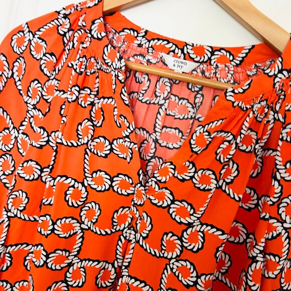 Crown and Ivy Womens Orange Rope Print V Neck Blouse Top Size M Nautical Rayon - Picture 2 of 5